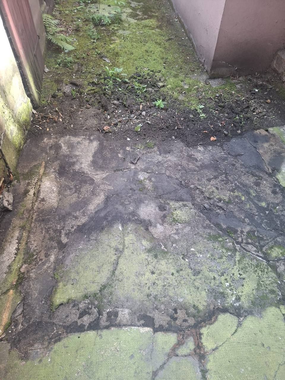 Zamszona nawierzchnia i zarośnięty skrawek ziemi przy murze